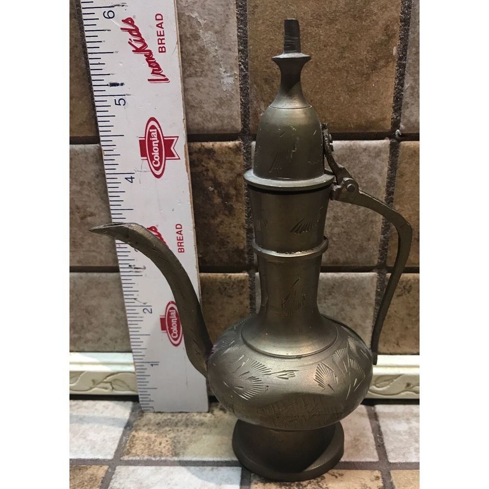 Vintage Brass copper decanter teapot India hand etched 6 inches‎ old Genie Lamp